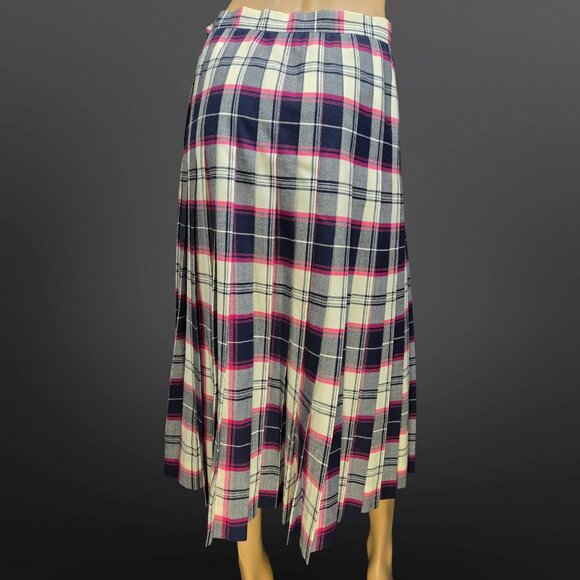 Vintage 80s Long Wool Pleated Plaid Tartan Skirt Size S Blue Pink White - Picture 7 of 9
